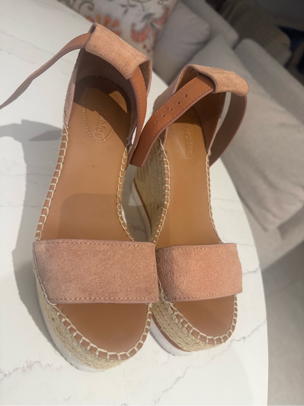 See By Chloé Blush Pink Suede Espadrille Wedge Sandals